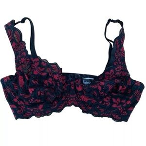 FREDERICKS of HOLLYWOOD Red Black Floral Embroider Balconette Underwire Bra 34DD